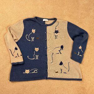 Vintage Embroidered Button Cardigan Sweater Cat Mouse Women's 1X XL Grandma